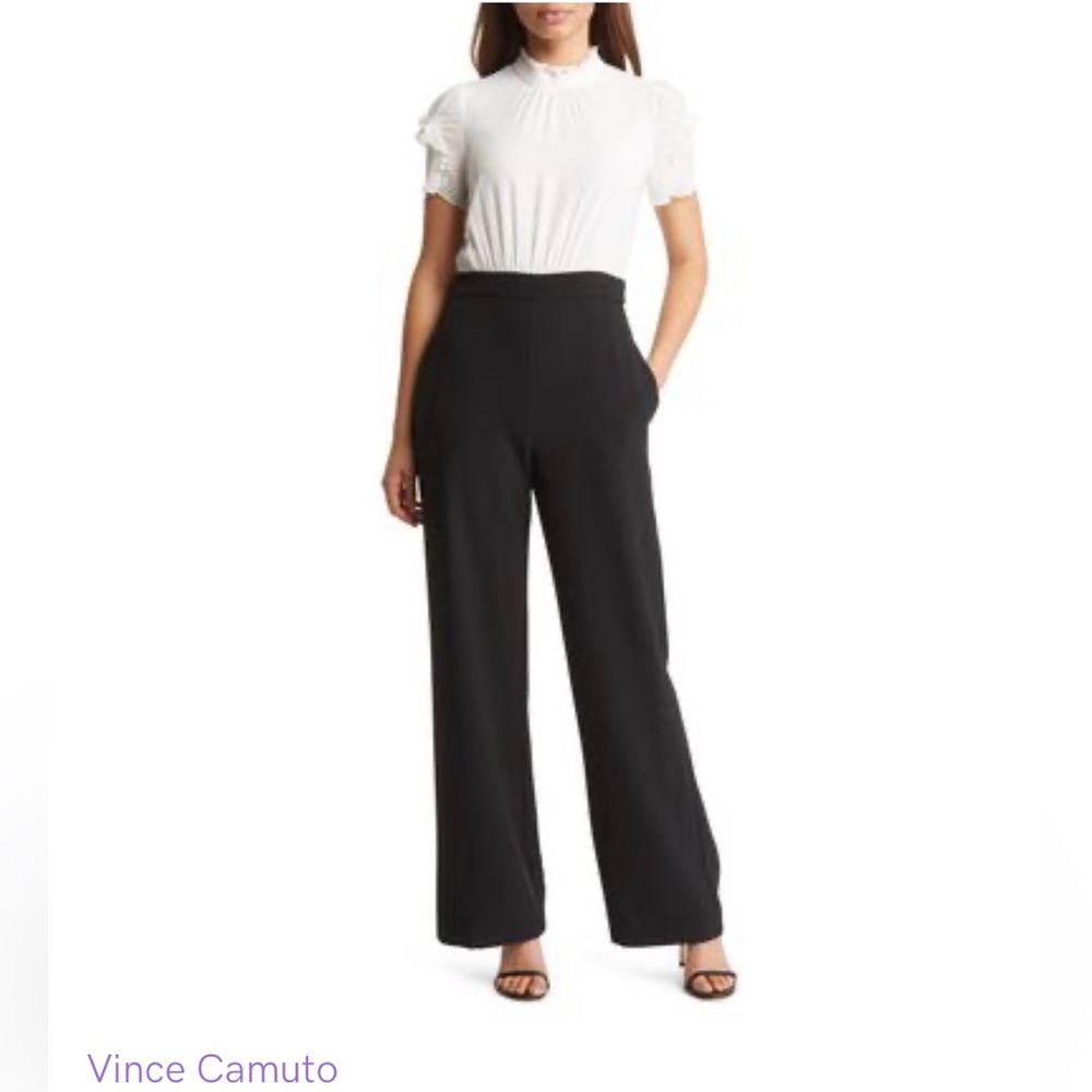 Short Sleeve Mock Neck Chiffon Bodice Jumpsuit